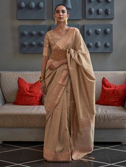 Akhilam - Women's Silk Blend Beige Woven Design Designer Saree with Unstitched Blouse