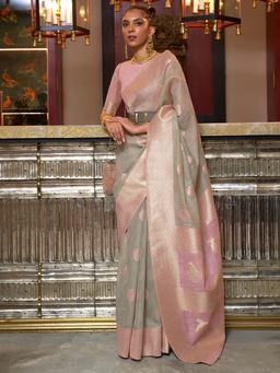 Akhilam - Women's Linen Grey Woven Design Designer Saree with Unstitched Blouse