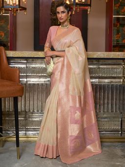Akhilam - Women's Linen Cream Woven Design Designer Saree with Unstitched Blouse