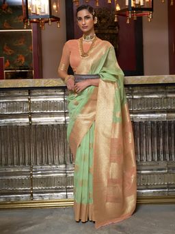 Akhilam - Women's Linen Green Woven Design Designer Saree with Unstitched Blouse