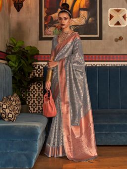 Akhilam - Women's Tissue Grey Woven Design Designer Saree with Unstitched Blouse