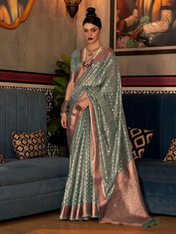 Akhilam - Women's Tissue Green Woven Design Designer Saree with Unstitched Blouse