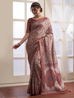 Akhilam - Women's Pashmina Silk Beige Digital Print Designer Saree with Unstitched Blouse