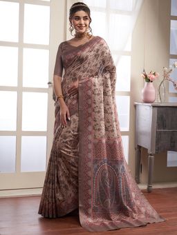 Akhilam - Women's Pashmina Silk Beige Digital Print Designer Saree with Unstitched Blouse