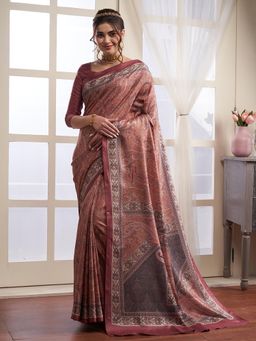 Akhilam - Women's Pashmina Silk Rust Digital Print Designer Saree with Unstitched Blouse