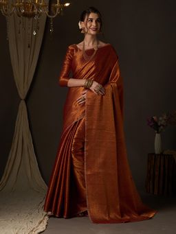 Akhilam - Women's Silk Blend Rust Woven Design Designer Saree with Unstitched Blouse