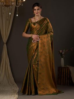 Akhilam - Women's Silk Blend Green Woven Design Designer Saree with Unstitched Blouse