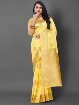 Akhilam - Women's Cotton Blend Yellow Woven Design Designer Saree with Unstitched Blouse