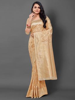 Akhilam - Women's Cotton Blend Cream Woven Design Designer Saree with Unstitched Blouse