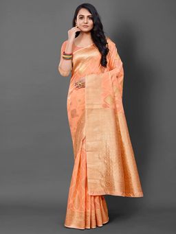 Akhilam - Women's Cotton Blend Peach Woven Design Designer Saree with Unstitched Blouse