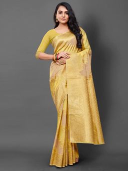 Akhilam - Women's Cotton Blend Yellow Woven Design Designer Saree with Unstitched Blouse