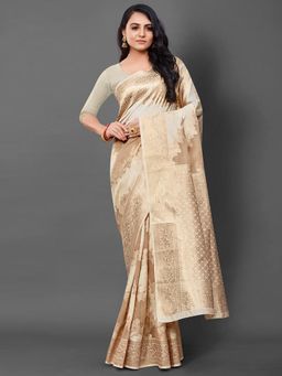 Akhilam - Women's Cotton Blend Cream Woven Design Designer Saree with Unstitched Blouse