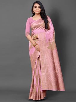 Akhilam - Women's Cotton Blend Pink Woven Design Designer Saree with Unstitched Blouse