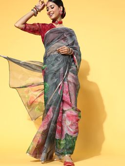 Akhilam - Mitera Women's Organza Grey Printed Celebrity Saree with Unstitched Blouse