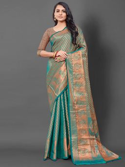 Akhilam - Women's Silk Blend Teal Woven Design Designer Saree with Unstitched Blouse