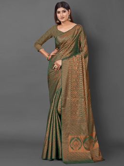 Akhilam - Women's Silk Blend Dark Green Woven Design Designer Saree with Unstitched Blouse