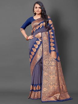 Akhilam - Women's Silk Blend Navy Blue Woven Design Designer Saree with Unstitched Blouse