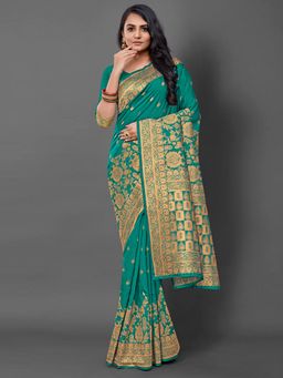 Akhilam - Women's Silk Blend Green Woven Design Designer Saree with Unstitched Blouse