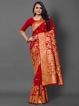 Akhilam - Women's Silk Blend Red Woven Design Designer Saree with Unstitched Blouse