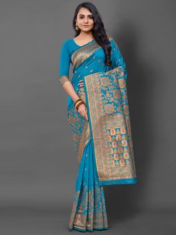 Akhilam - Women's Silk Blend Blue Woven Design Designer Saree with Unstitched Blouse