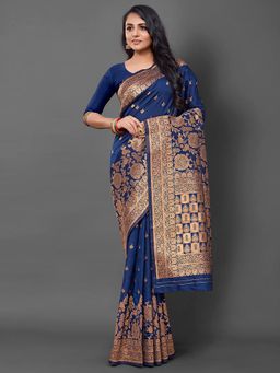 Akhilam - Women's Silk Blend Navy Blue Woven Design Designer Saree with Unstitched Blouse