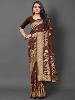 Akhilam - Women's Silk Blend Brown Woven Design Designer Saree with Unstitched Blouse