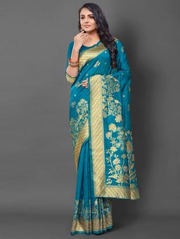 Akhilam - Women's Silk Blend Turquoise Woven Design Designer Saree with Unstitched Blouse