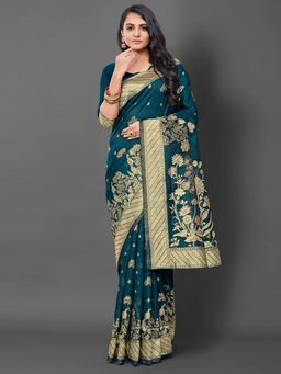 Akhilam - Women's Silk Blend Teal Blue Woven Design Designer Saree with Unstitched Blouse