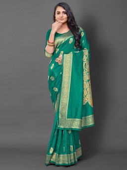 Akhilam - Women's Silk Blend Green Woven Design Designer Saree with Unstitched Blouse