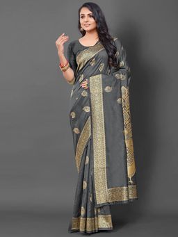 Akhilam - Women's Silk Blend Grey Woven Design Designer Saree with Unstitched Blouse