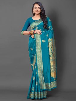 Akhilam - Women's Silk Blend Turquoise Woven Design Designer Saree with Unstitched Blouse