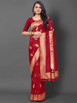 Akhilam - Women's Silk Blend Red Woven Design Designer Saree with Unstitched Blouse