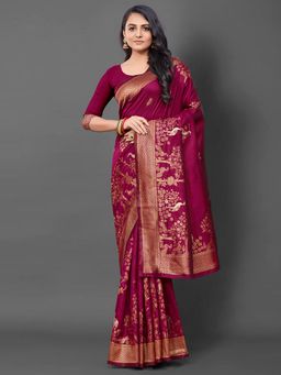 Akhilam - Women's Silk Blend Dark Pink Woven Design Designer Saree with Unstitched Blouse