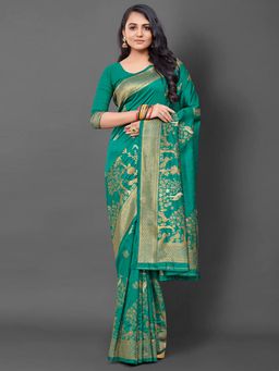 Akhilam - Women's Silk Blend Green Woven Design Designer Saree with Unstitched Blouse