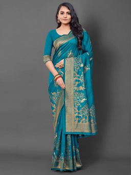 Akhilam - Women's Silk Blend Turquoise Woven Design Designer Saree with Unstitched Blouse