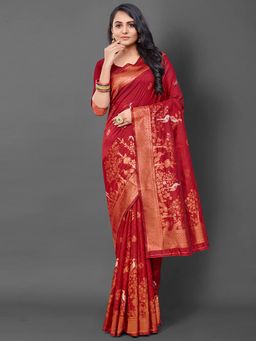 Akhilam - Women's Silk Blend Maroon Woven Design Designer Saree with Unstitched Blouse