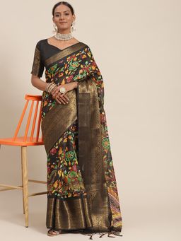 Sareemall - Women's Cotton Blend Black Printed Designer Saree with Unstitched Blouse