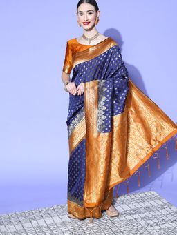 Sareemall - Women's Silk Blend Navy Blue Woven Design Celebrity Saree with Unstitched Blouse