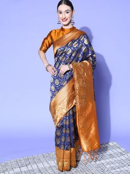 Sareemall - Women's Silk Blend Navy Blue Woven Design Celebrity Saree with Unstitched Blouse