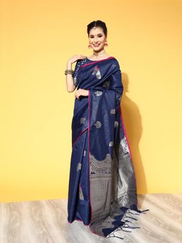 Sareemall - Women's Silk Blend Navy Blue Woven Design Celebrity Saree with Unstitched Blouse
