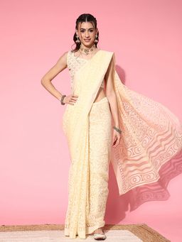 Akhilam - Women's Brasso Yellow Printed Designer Saree with Unstitched Blouse