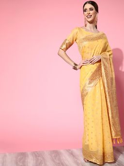 Sareemall - Women's Cotton Blend Yellow Woven Design Celebrity Saree with Unstitched Blouse