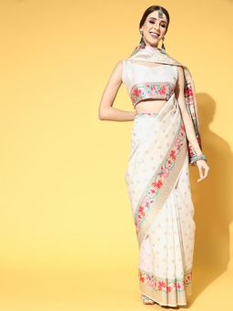 Sareemall - Women's Silk Blend Off White Woven Design Celebrity Saree with Unstitched Blouse