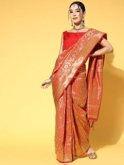Sareemall - Women's Silk Blend Red Woven Design Celebrity Saree with Unstitched Blouse