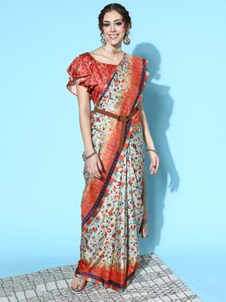 Sareemall - Women's Poly Silk Sea Green Printed Designer Saree with Unstitched Blouse