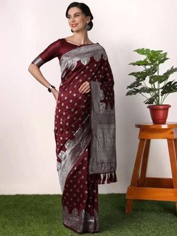 Sareemall - Women's Silk Blend Maroon Woven Design Celebrity Saree with Unstitched Blouse