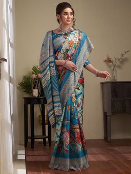 Akhilam - Women's Manipuri Silk Blue Digital Print Designer Saree with Unstitched Blouse