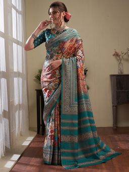 Akhilam - Women's Manipuri Silk Beige Digital Print Designer Saree with Unstitched Blouse