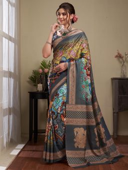 Akhilam - Women's Manipuri Silk Multicolored Digital Print Designer Saree with Unstitched Blouse