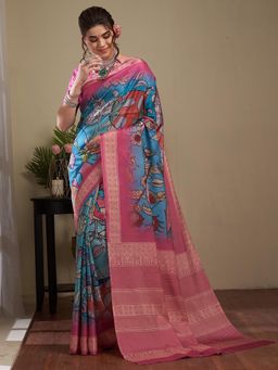 Akhilam - Women's Manipuri Silk Blue Digital Print Designer Saree with Unstitched Blouse